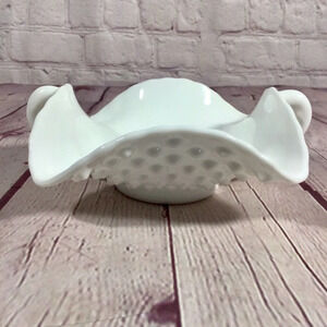Vintage Fenton White Milk Glass Hobnail Double Handle Ruffle Edge Bowl